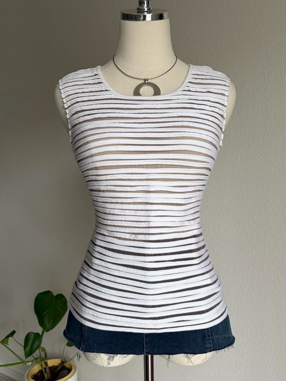 White Striped Sheer Sleeveless Women’s Top